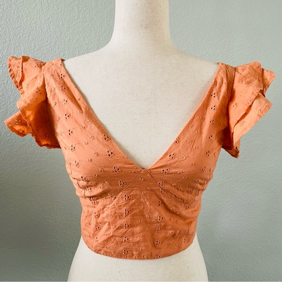 Japna Orange Eyelet Embroidered Vneck Ruffle Cap Sleeve Wrap Crop Top | Medium - Picture 1 of 7